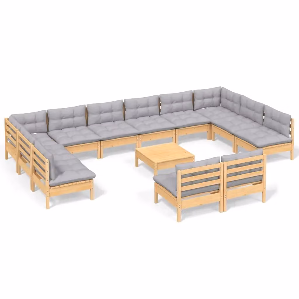 Set di Divani da Giardino a Forma di L vidaXL in Legno Massello di Pino con Cuscini Grigi 13 Pezzi – 2