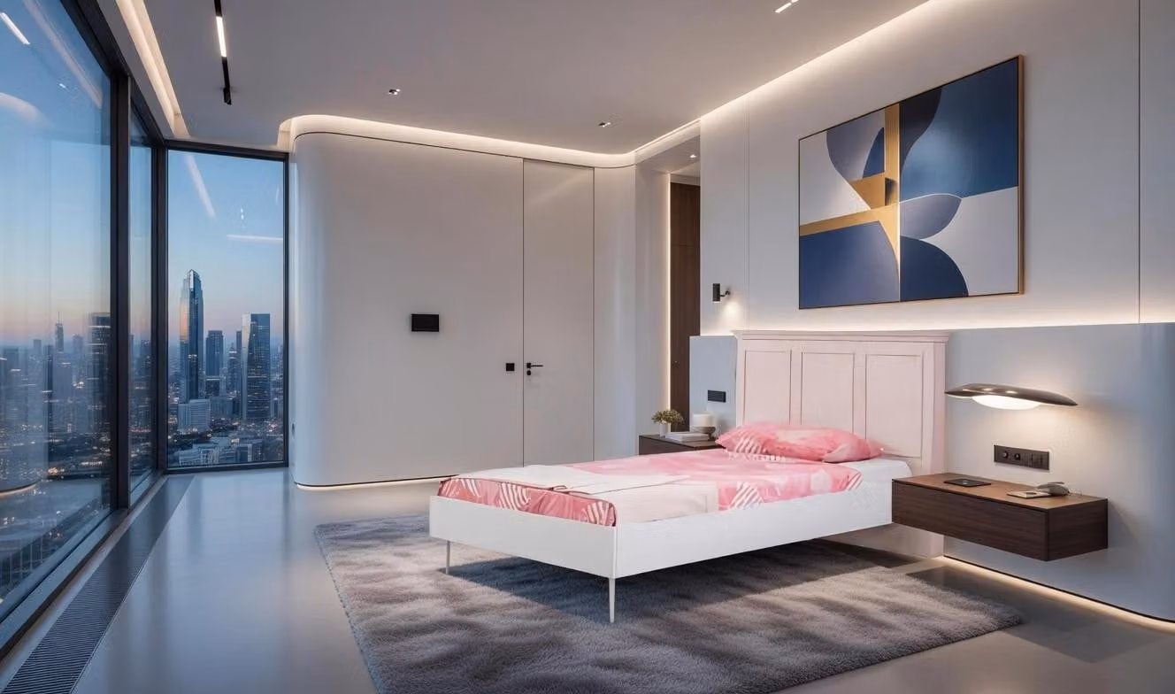 Letto con testiera rosa e struttura in legno, ideale per una camera da letto moderna