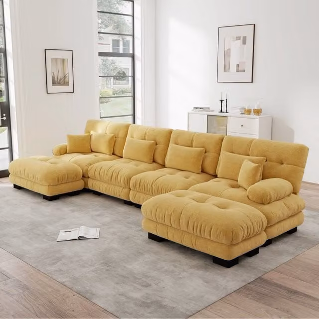 Divano angolare modulare Zephmum giallo con ottomano e cuscini, design moderno a L con seduta reversibile in tessuto