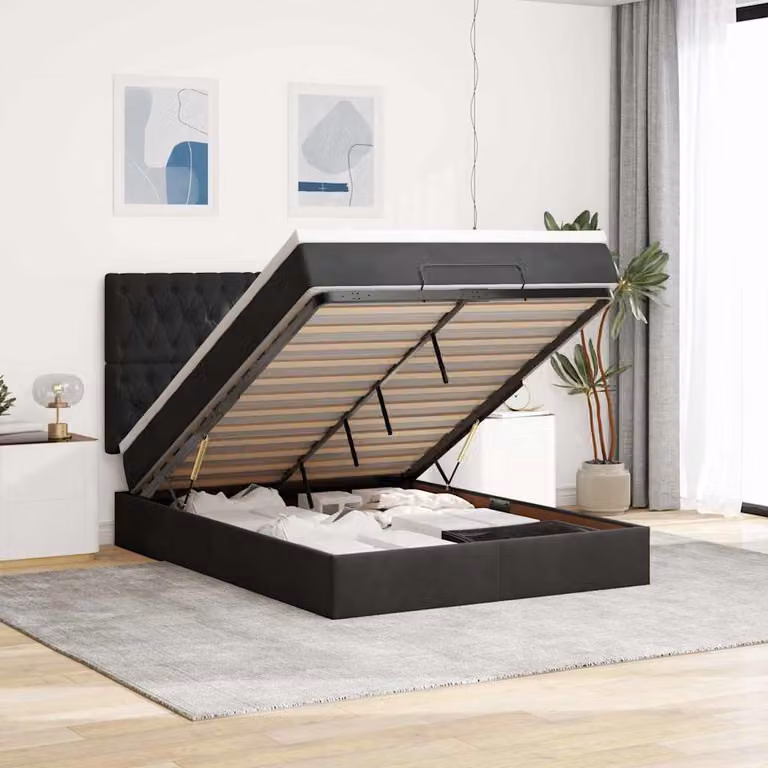 vidaXL Struttura Letto con Contenitore a Sollevamento e Materasso in Velluto Nero L: 140 cm, P: 190 cm