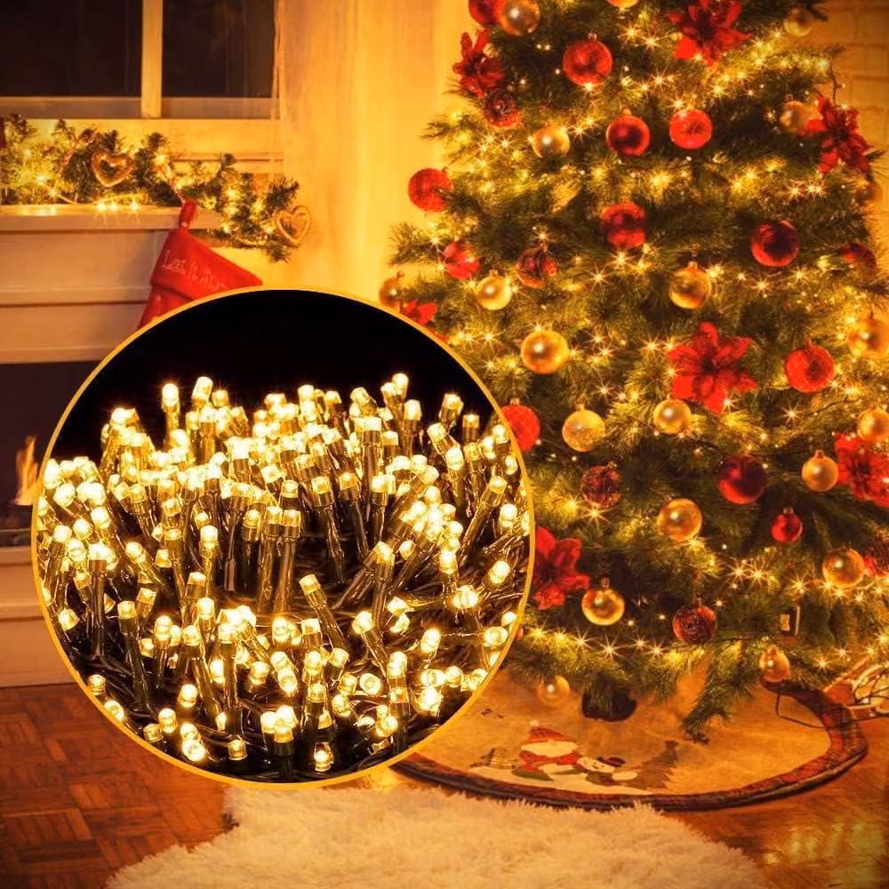 Catena luminosa a LED, 50 metri, 2000 LED bianco caldo, 8 modalità, grado di protezione IP44, colore verde