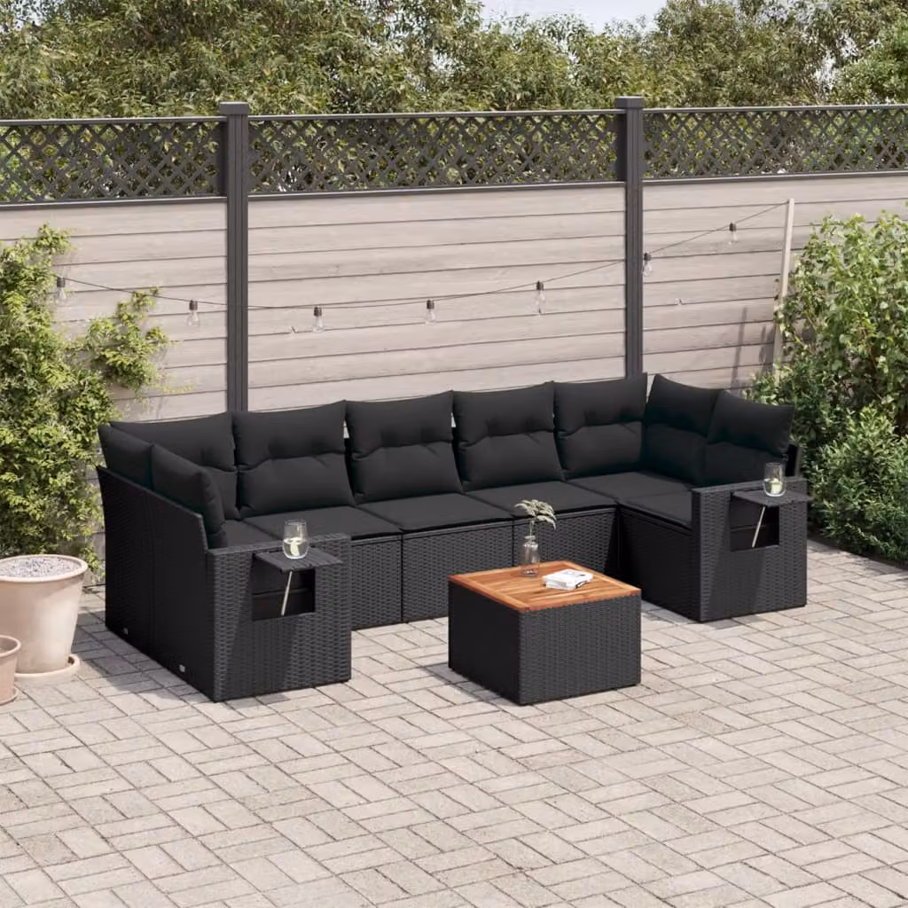Set di divani da giardino vidaXL a forma di L con cuscini e tavolino, 8 pezzi in polyrattan nero con struttura in legno di acacia e metallo – 1