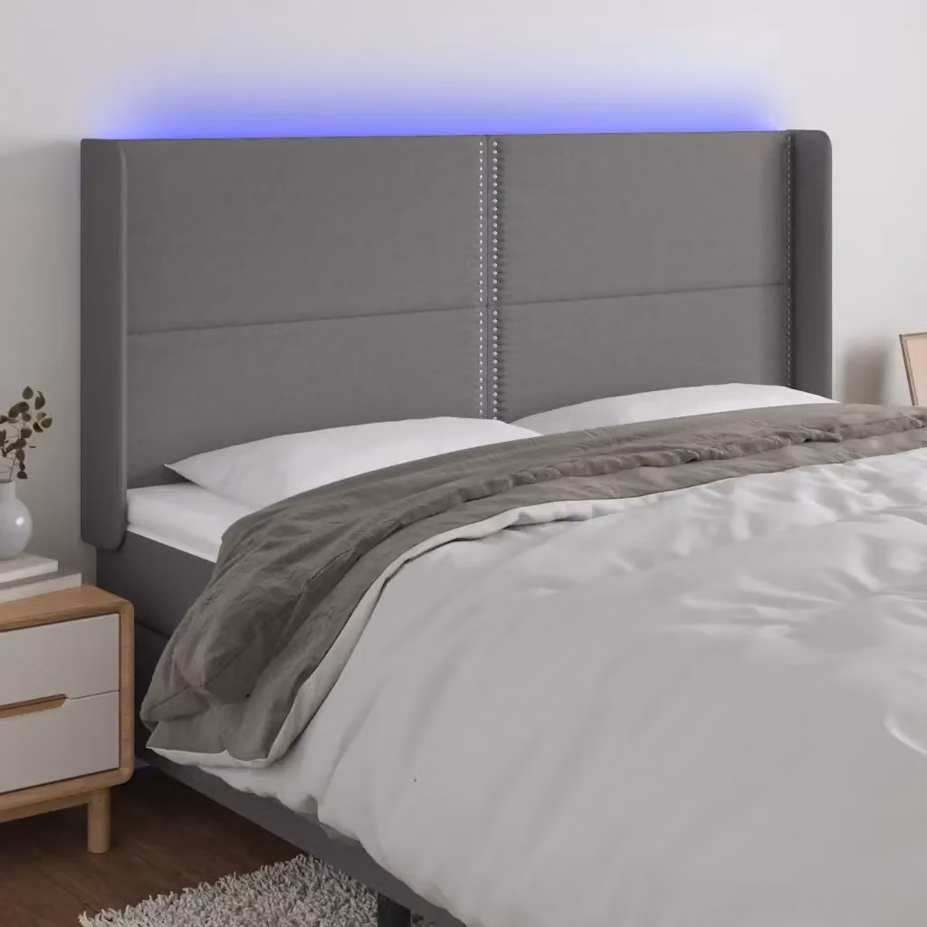 Testiera con illuminazione LED e porta di ricarica USB in tessuto grigio, L: 183 cm, P: 16 cm, H: 118/128 cm – 2