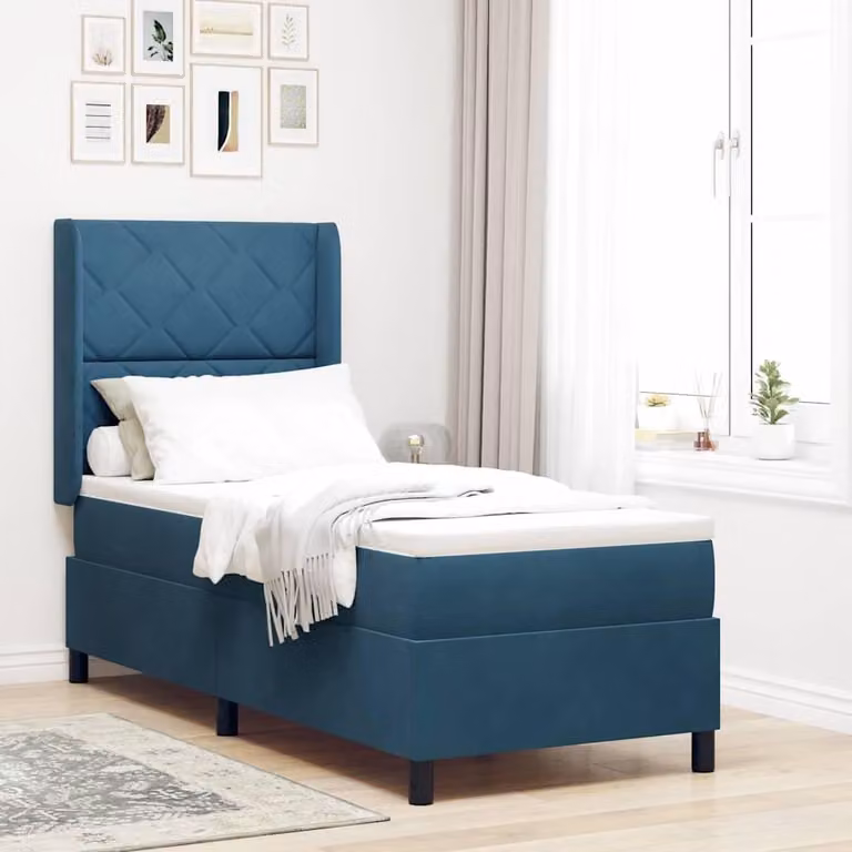 Letto matrimoniale con boxspring e testiera, rivestito in velluto blu, dimensioni 80 x 200 cm