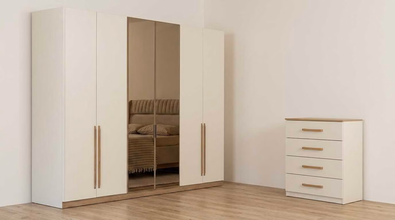 Set per camera da letto beige, moderno, composto da armadio, comodino e mobiletto