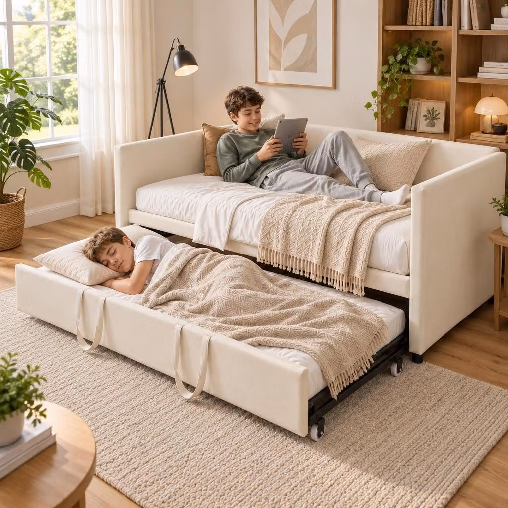 Divano letto INONEFT, 90/180 x 200 cm, divano trasformabile in letto, divano letto per il giorno, letto matrimoniale, divano letto imbottito beige in velluto, con rete a molle