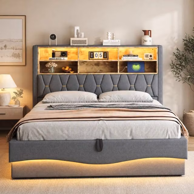 Letto imbottito ULEVR 180x200 cm con contenitore idraulico, LED controllabile via app e USB, lino grigio