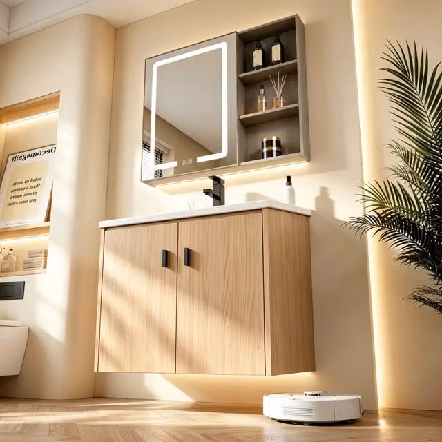 Set mobile bagno sospeso con lavabo e specchio LED ovale