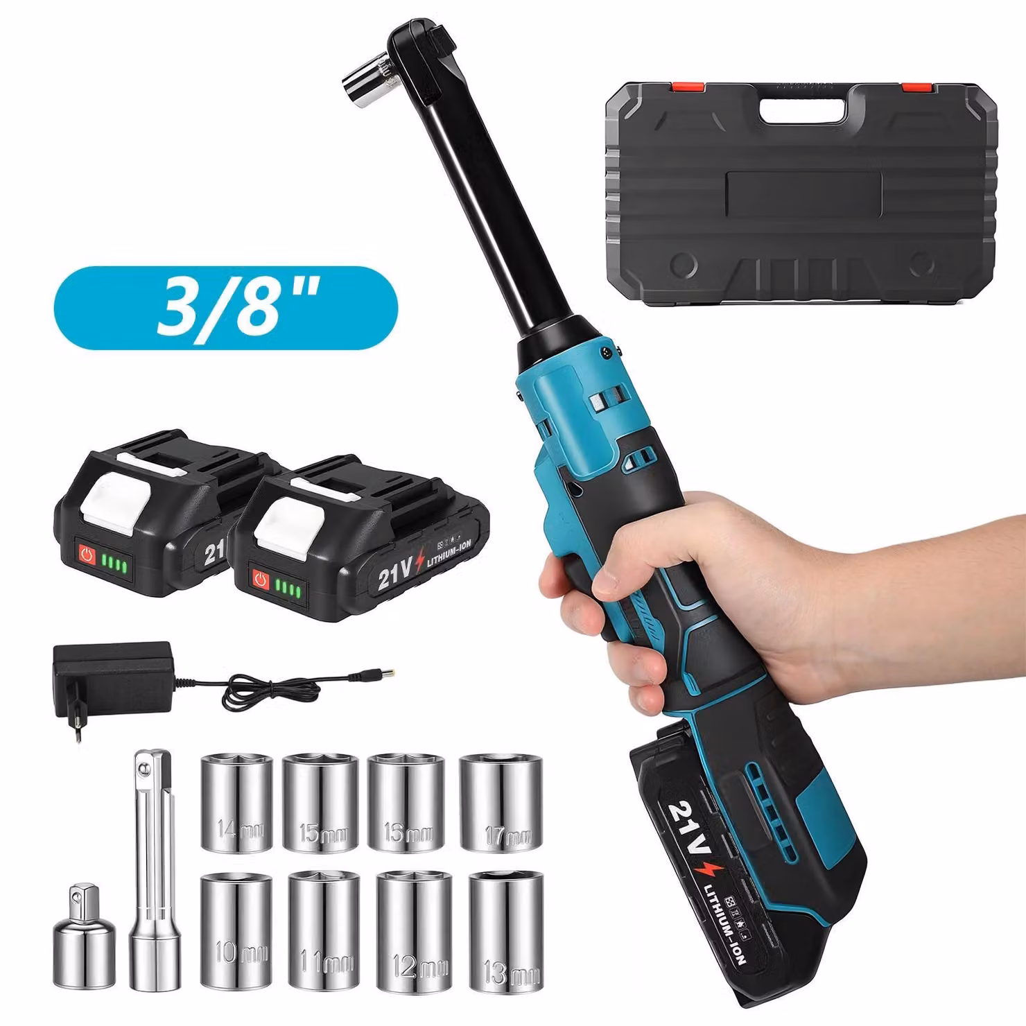 Set di chiavi a cricchetto elettriche - Avvitatore angolare wireless a 21V - Coppia di serraggio di 80 Nm - Testa da 16 cm - Include 2 batterie - Versione con 2 batterie