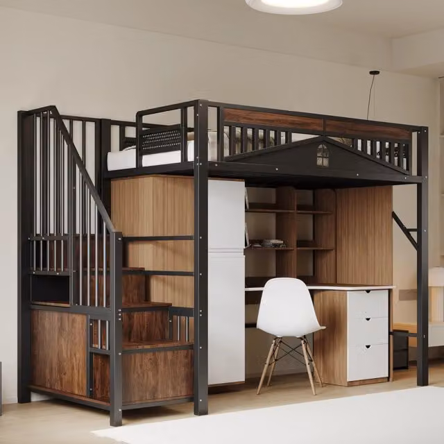 Letto a soppalco 90 × 200 cm con scale contenitore, armadietto e barriera con finestra, senza materasso, nero