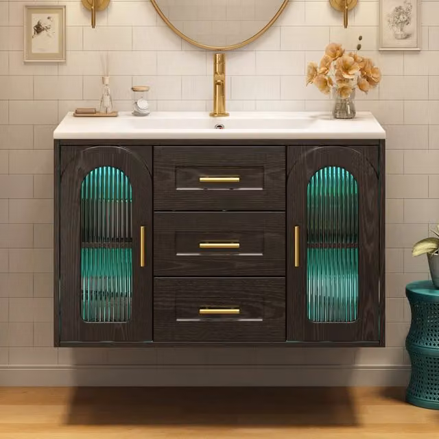 Mobile sottolavabo da bagno con LED, 2 cassetti e ripiani regolabili, anta in vetro rigato, nero, 76 × 46 × 55 cm