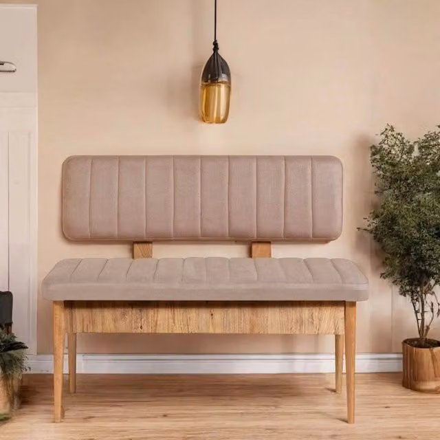 Panca Salento DMORA in legno rovere color marrone beige con seduta in tessuto velluto L: 110 cm, P: 40 cm, H: 85 cm