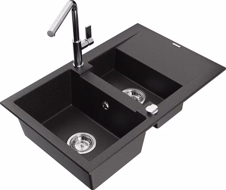 Mexen Gaspar lavello in granito a 1,5 vasca con sgocciolatoio e rubinetto da cucina Flora, nero/oro metallizzato