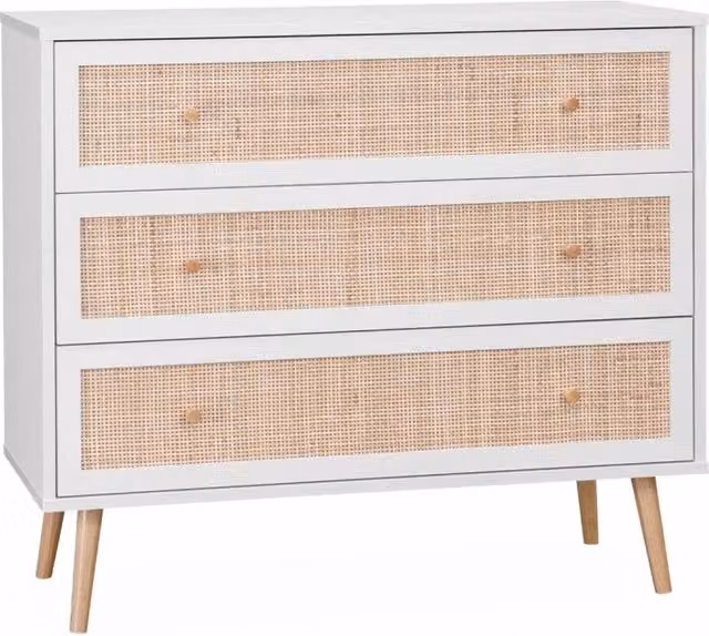Cassettiera Sweeek in stile scandinavo con 3 cassetti in effetto legno e rattan, bianco e marrone