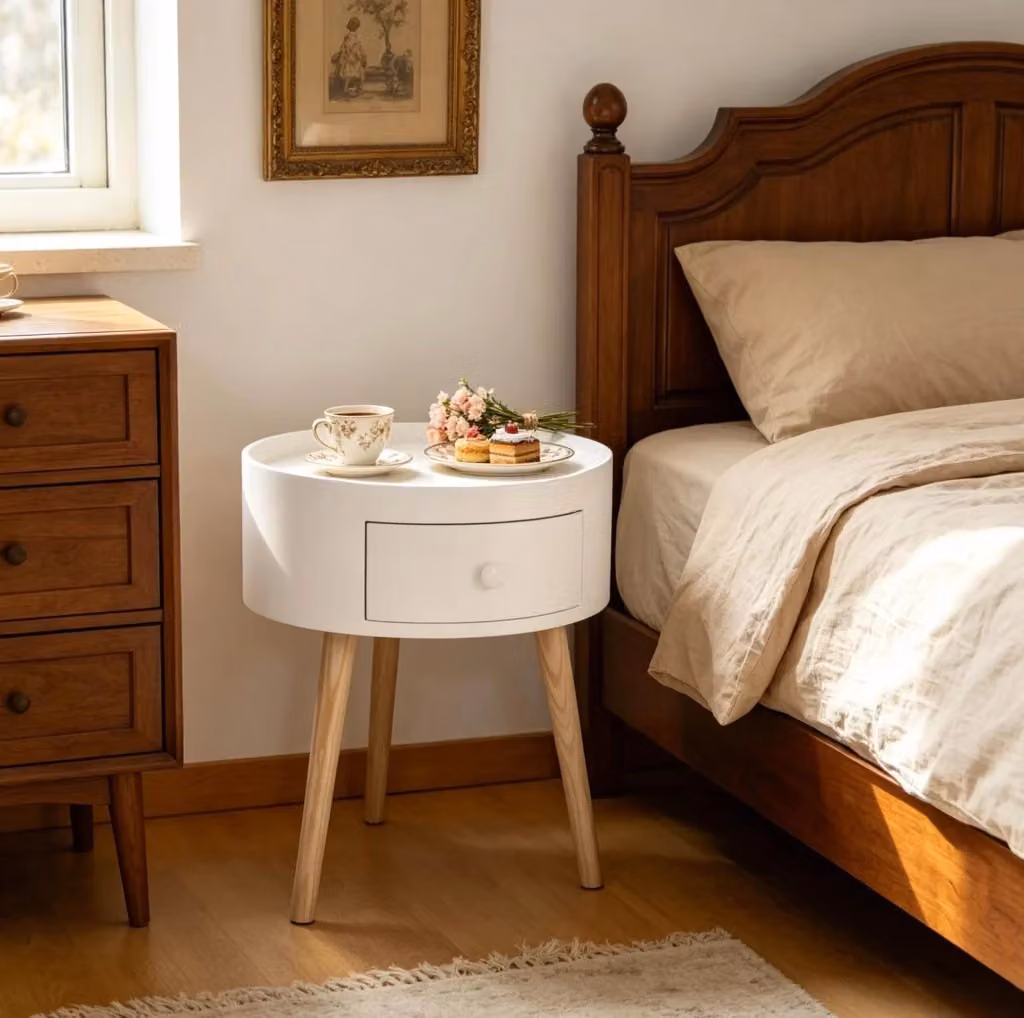 Comodino rotondo MODFU con cassetto e vassoio superiore in MDF e legno massello, bianco e beige, L/P/H: 38 x 38 x 45 cm – 2