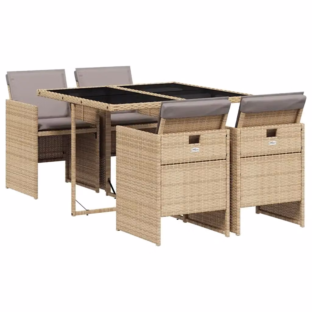 Set Pranzo da Giardino vidaXL in Polyrattan con Cuscini Beige e Grigio e Tavolo in Vetro 5 pz – 2