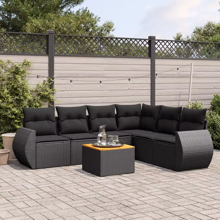 vidaXL Set Divano da Giardino a L con 7 Pezzi in Polyrattan Nero e Tavolino, con Cuscini Inclusi e Struttura in Metallo e Legno di Acacia