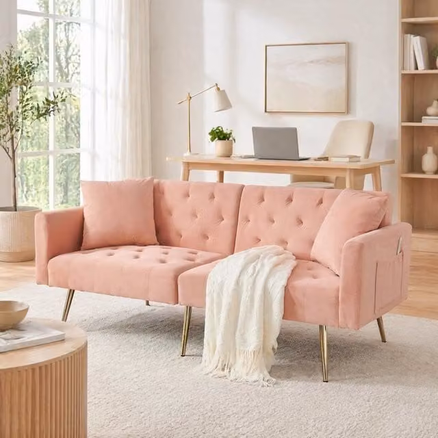 Divano a 2 posti 177x78x74 cm in velluto rosa, schienale reclinabile, per piccoli spazi –