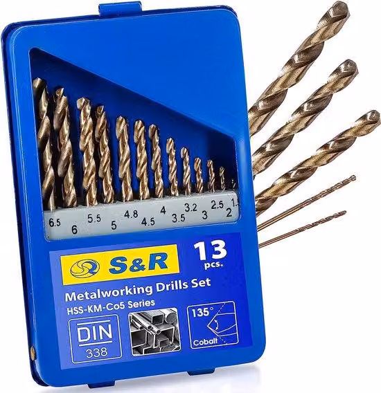 Set di 13 punte da trapano a spirale in HSS con cobalto Unyqoos® Kobalt-HSS, da 1,5 a 6,5 mm | HSS-G (5% cobalto), conformi alla norma DIN 1412, affilatura a 135°, precisione H8, contenitore in metallo