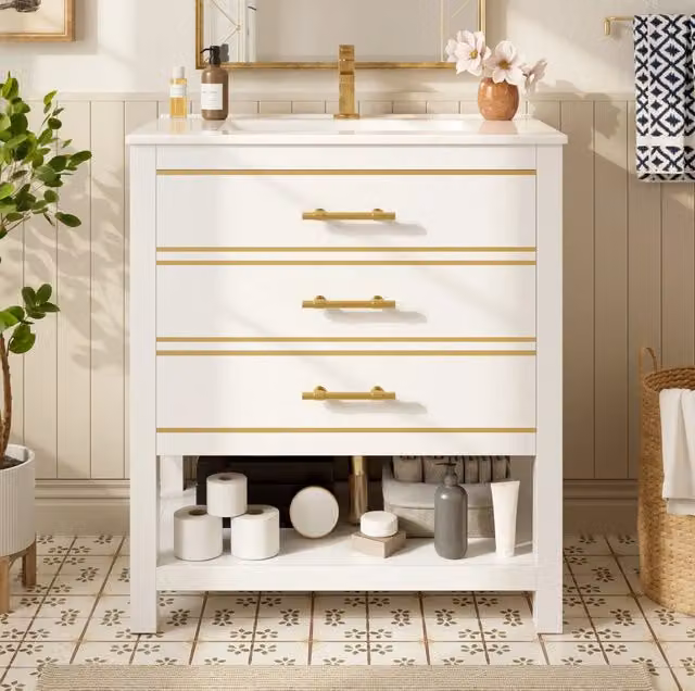Mobile bagno a pavimento con lavabo in ceramica; 2 cassetti e vano aperto; MDF bianco e oro; 76 cm