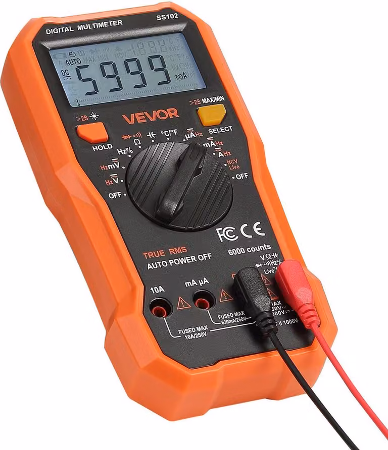 Multimetro digitale, voltmetro TRMS CC/CA a 6000 conteggi, tester di corrente, multimetro NCV professionale per tensione, resistenza, capacità, ciclo di lavoro, temperatura, diodi, continuità e test dei cavi sotto tensione.