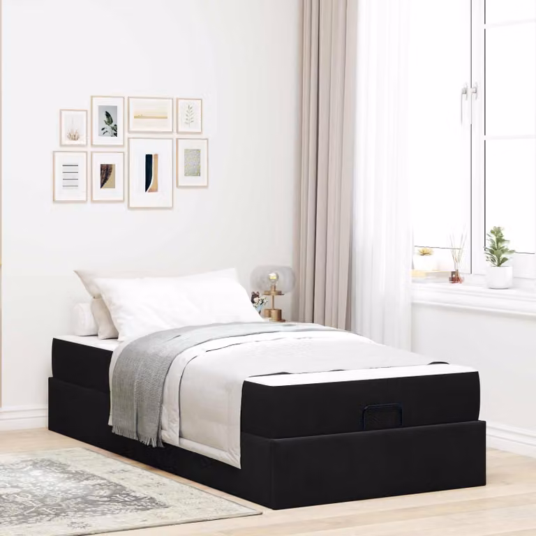 Set letto vidaXL con struttura imbottita in velluto nero e materasso in schiuma, L/P/H: 90 x 200 x 43,5 cm