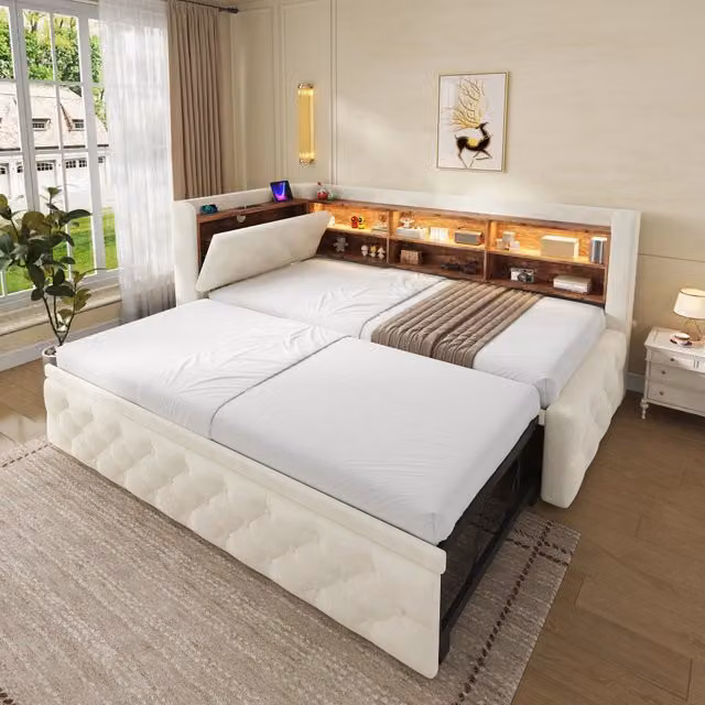Divano letto in velluto con letto estraibile, LED, USB-C e contenitore, 90x190 cm, beige
