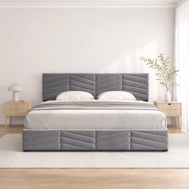 Letto contenitore 140x190 cm grigio in velluto, testiera regolabile, senza materasso