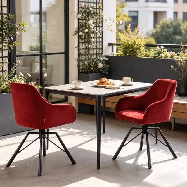 Set di 2 sedie da pranzo girevoli WISHDOR in velluto rosso con braccioli e base in metallo – 1