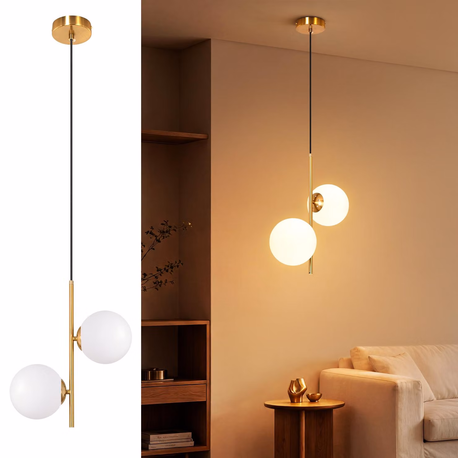 Lampada a sospensione ZMH, 150 cm, oro, con 2 luci, ideale per la sala da pranzo. Lampada a sospensione moderna in vetro, adatta per sala da pranzo, camera da letto e cucina. Lampada da cucina con attacco G9