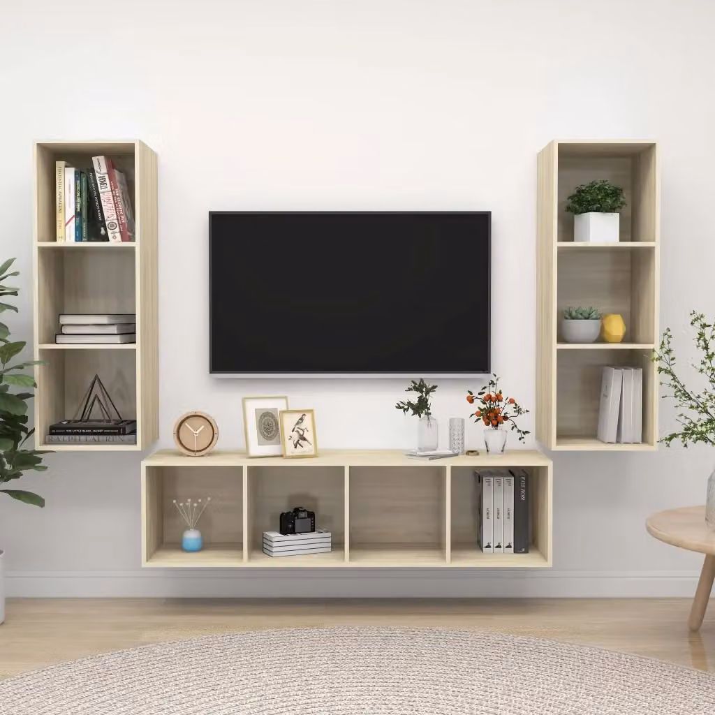 Set di 3 pezzi Mobile Porta TV Moderno in Truciolato Rovere Sonoma, Colore Marrone e Beige, Montaggio a Parete – 2