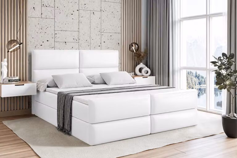 Letto boxspring ALTDECOR con pediera, materasso H4 e topper - 140x200 cm - BOXI3-Z - Pelle finta bianca - Letto imbottito con contenitore e rete a doghe, letto con spazio contenitivo