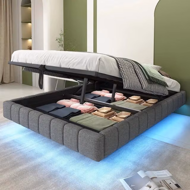 Letto-Xylo-140x200 cm-idraulico, LED, senza testiera, lino grigio