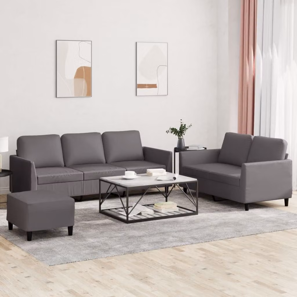 Set di divani vidaXL 3 pezzi in similpelle grigio con pouf e cuscini per soggiorno moderno – 1