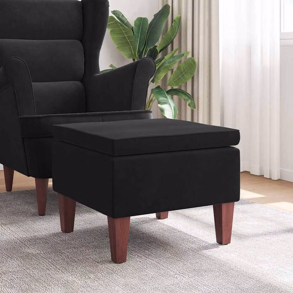 Poggiapiedi vidaXL in Velluto Nero con Gambe in Legno, L: 52 cm, P: 42 cm, H: 42 cm