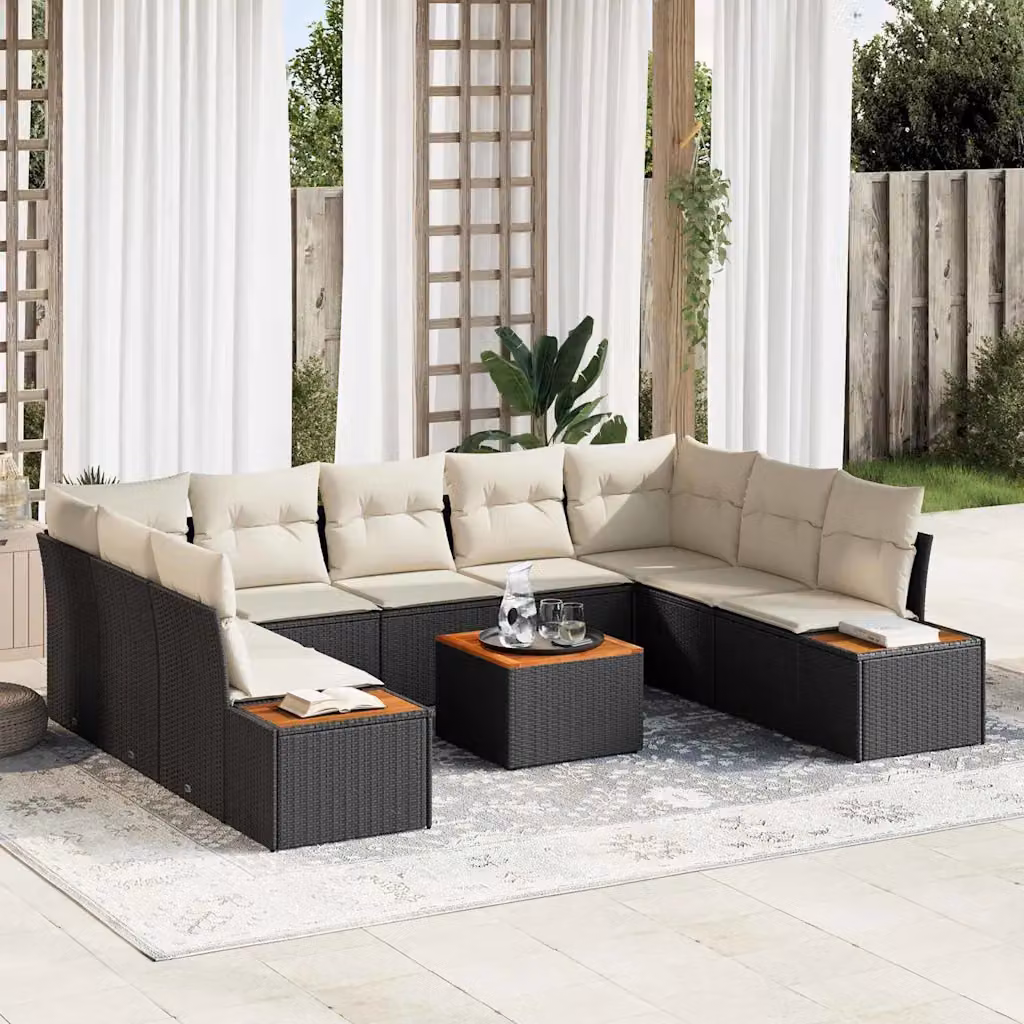 vidaXL Set Divano da Giardino a Forma di U con Tavolino, 9 Posti, Nero e Beige – 1