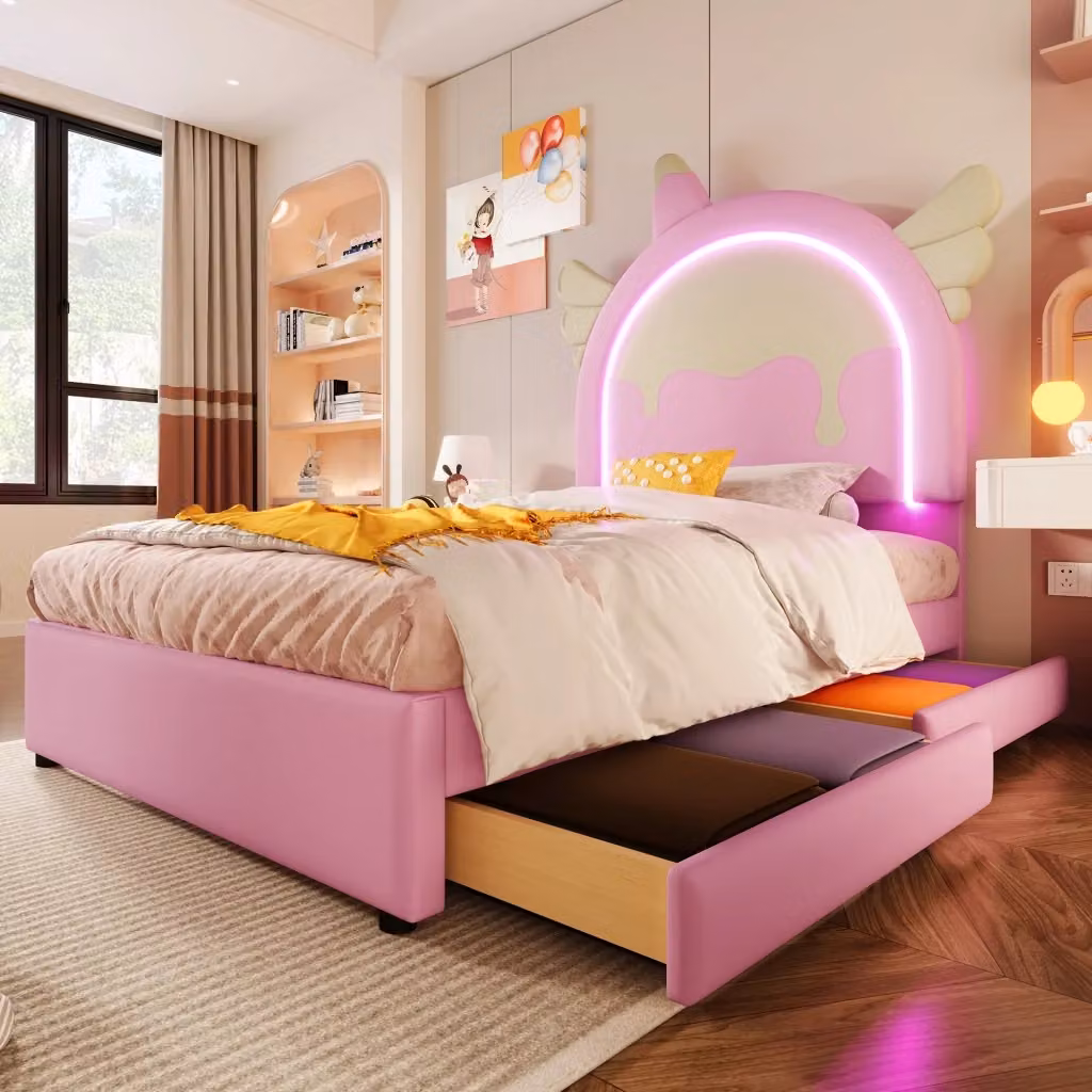 Letto Singolo per Bambini a Forma di Unicorno con 2 Cassetti e Barra Luminosa, Colore Rosa, L/P/H: 90 x 200 x 105 cm – 2