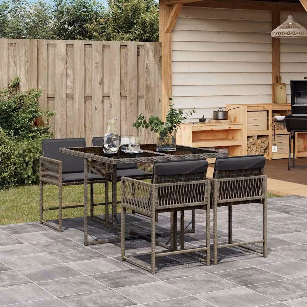Set da Pranzo da Giardino vidaXL in Polyrattan Grigio con Cuscini e Tavolo in Vetro, 5 Pezzi – 1