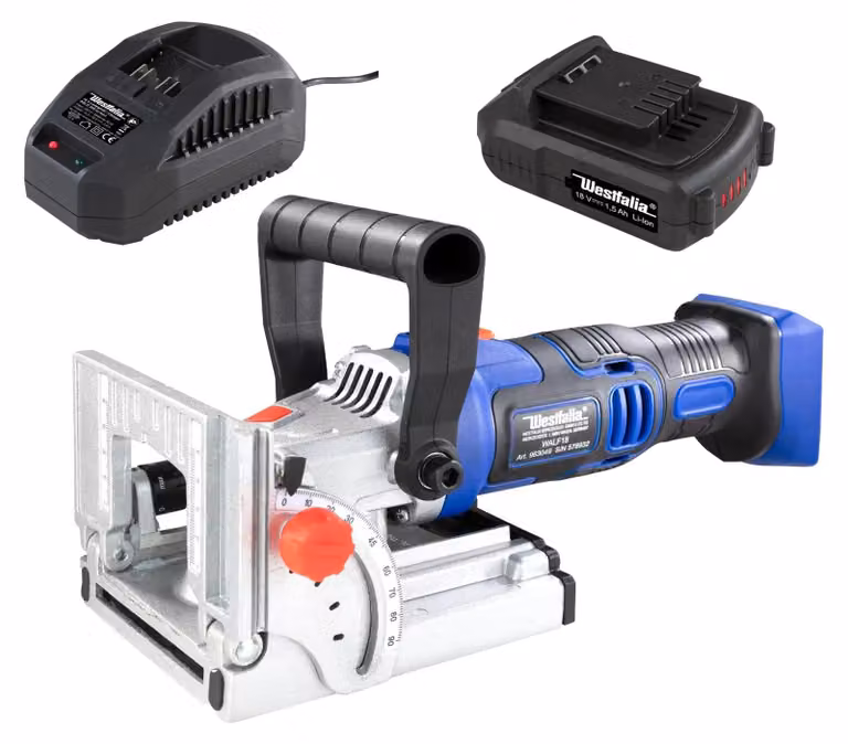 Fresatrice lamellare a batteria 18V 8500 giri/min regolabile 0-90° con disco 100mm, sacco polvere e caricabatteria 2.4A