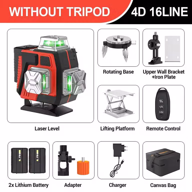 Livella laser - 4D, 16 linee - Autolivellante - 360° orizzontale e verticale - Telecomando - Raggio laser verde - Batteria inclusa