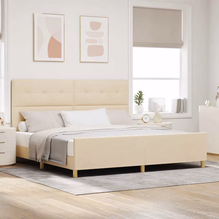 Struttura del letto con testiera vidaXL in tessuto beige e legno, L/P: 200 x 200 cm