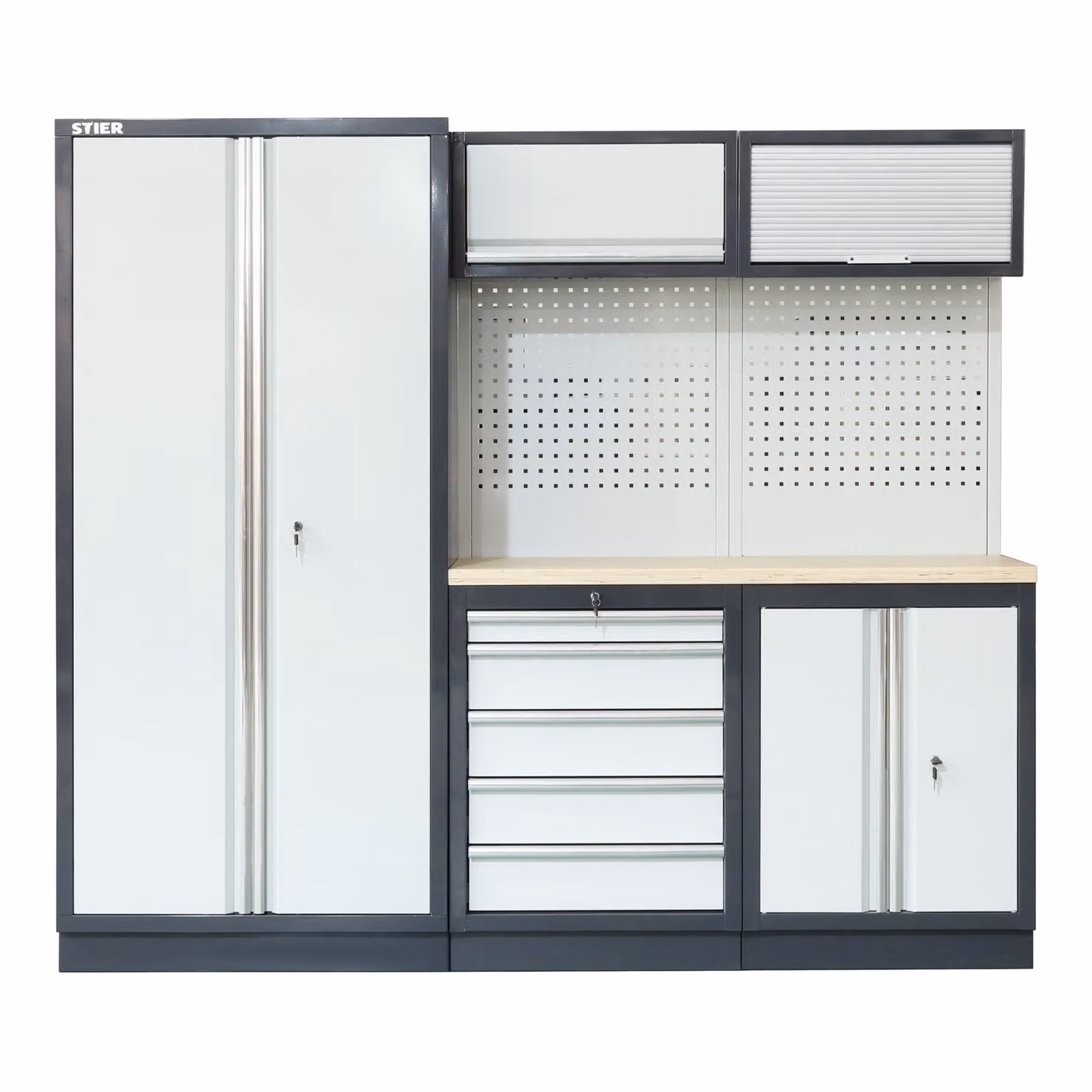 STIER Attrezzatura di base per officina, 3 pezzi, modulare, con parete forata e piano di lavoro multiplo, LxPxH 2275x460x2000mm