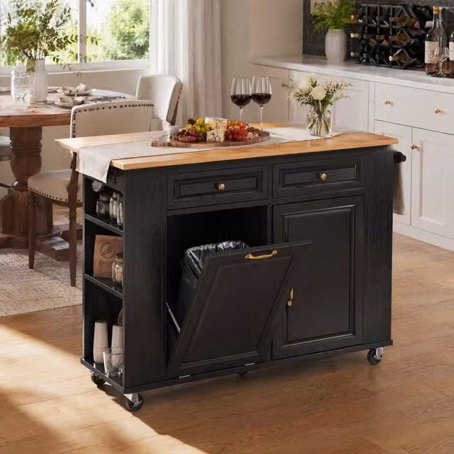 Isola cucina mobile con piano ribaltabile 120 x 40-70 cm; prese AC; USB e USB-C; nero/naturale