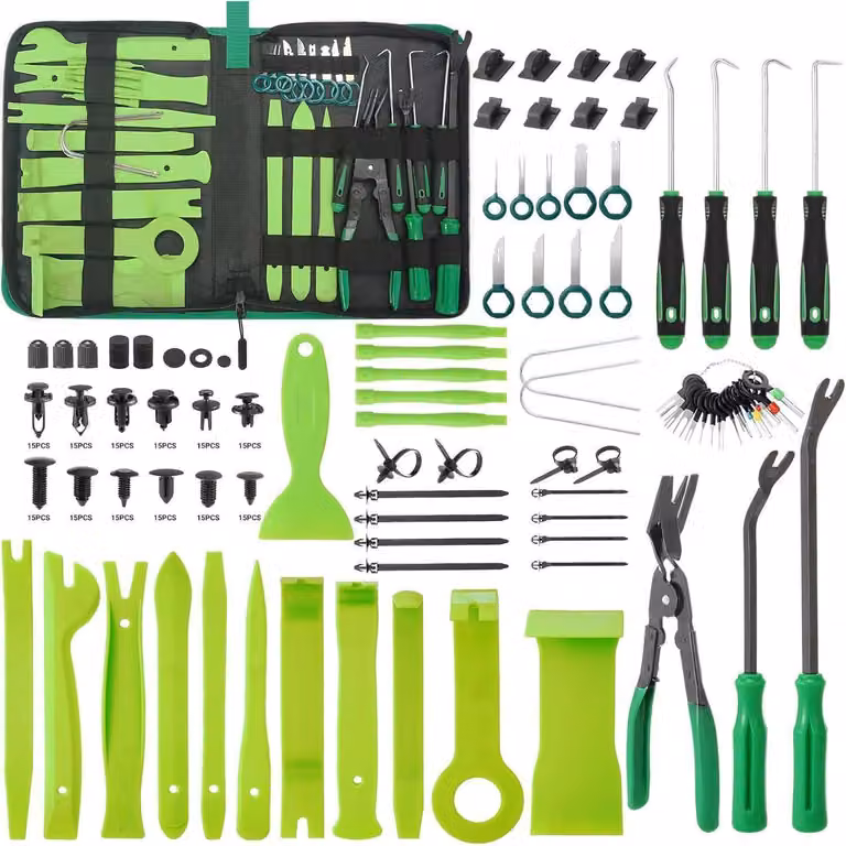 Set di 415 utensili per lo smontaggio di automobili, inclusi: leve in plastica, cunei per modanature e strumenti per la rimozione di rivestimenti, adatti per pannelli delle portiere, autoradio e altre parti