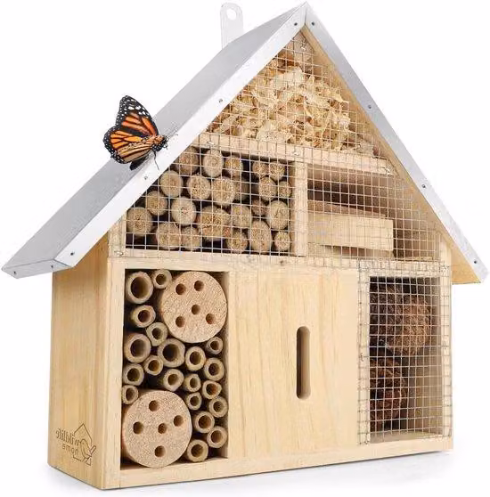 Hotel per insetti in legno naturale per api, api selvatiche, coccinelle e farfalle - resistente alle intemperie, con ausilio per il nido