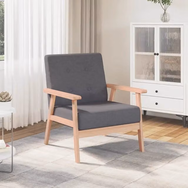 Poltrona in stile Mid-Century con braccioli e struttura in legno massello, rivestimento in tessuto grigio, ideale per il tuo soggiorno – 1