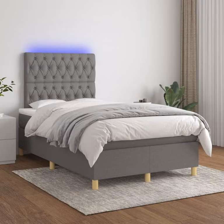 The Living Store Letto a molle con materasso e LED in tessuto grigio scuro 120x200 cm