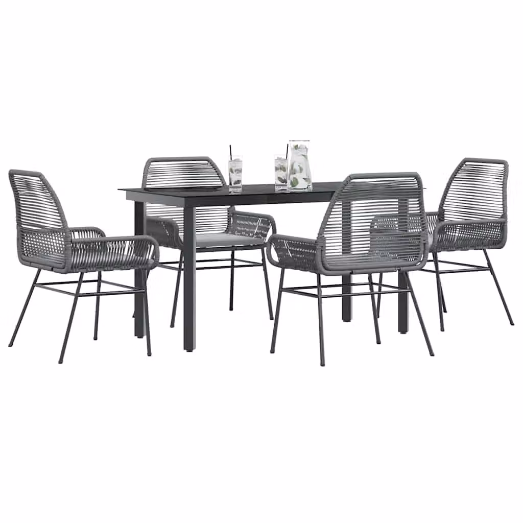 Set da pranzo da giardino vidaXL in polyrattan con tavolo in vetro e 5 sedie con cuscini, grigio e nero