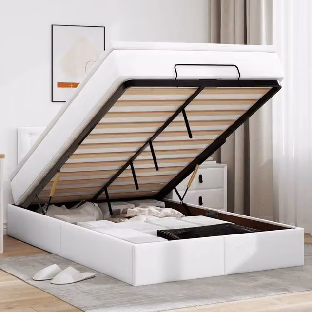 Letto con contenitore a sollevamento e materasso vidaXL in similpelle bianco, L/P/H: 200 x 120 x 88 cm con illuminazione sottostante e porta USB – 1