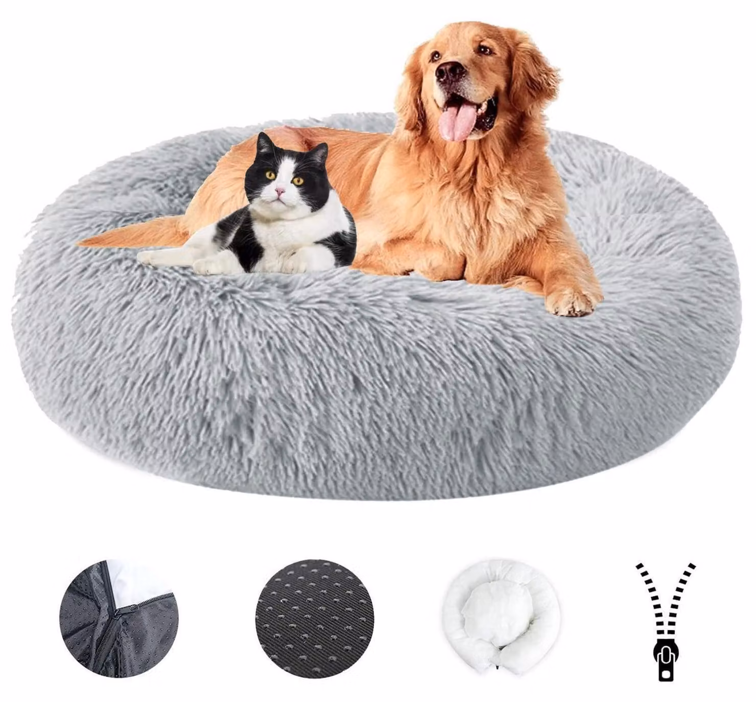 Cuccia per cani, morbida, lavabile, con rivestimento removibile e base antiscivolo, colore grigio, diametro 100 cm